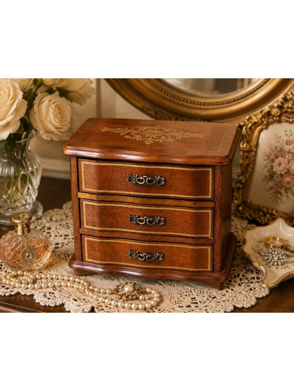 Vintage French Provincial Wood Musical Jewelry Chest Wood 3 Drawer Keepsake Box